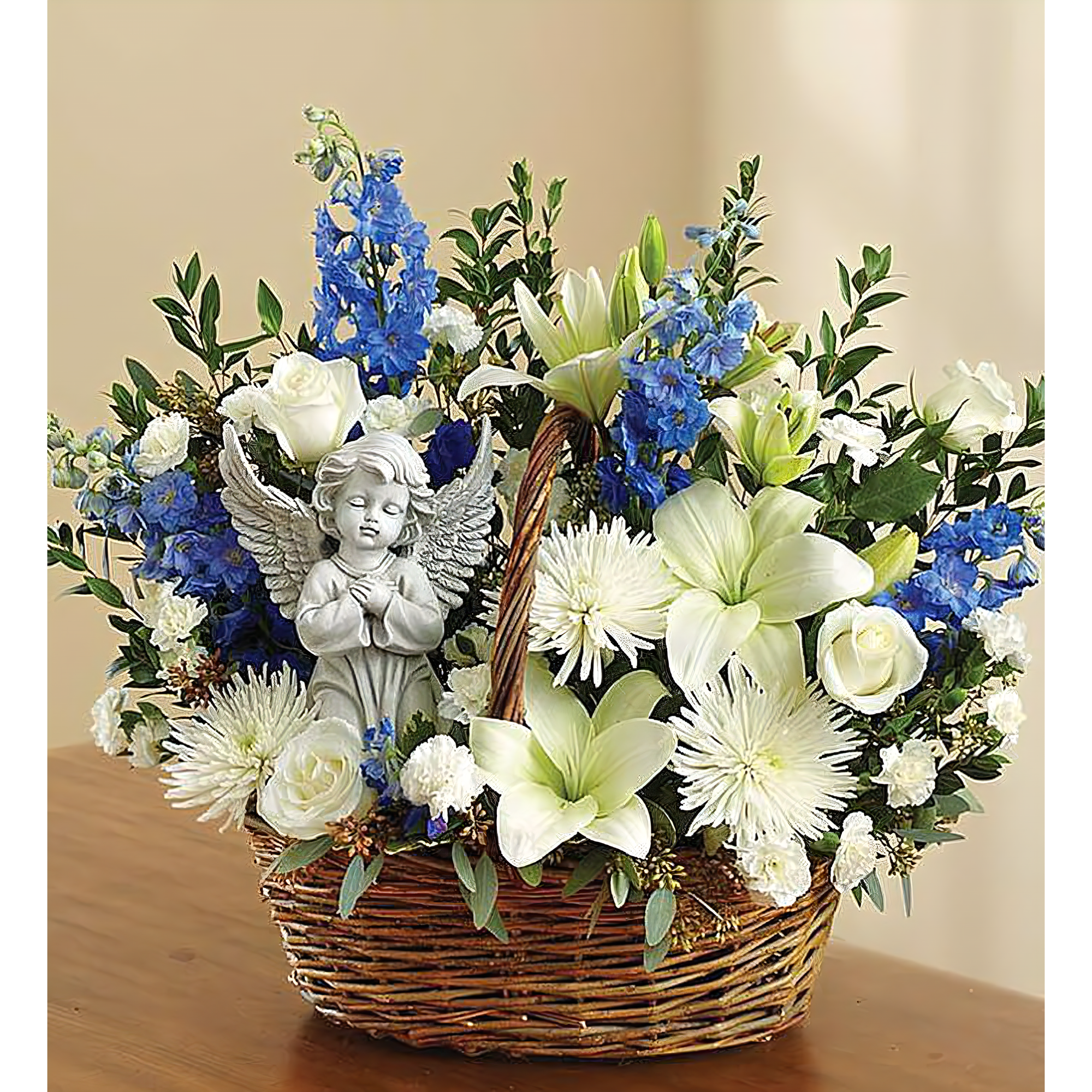 Heavenly Angel & Blue and White Basket - Funeral > Baskets