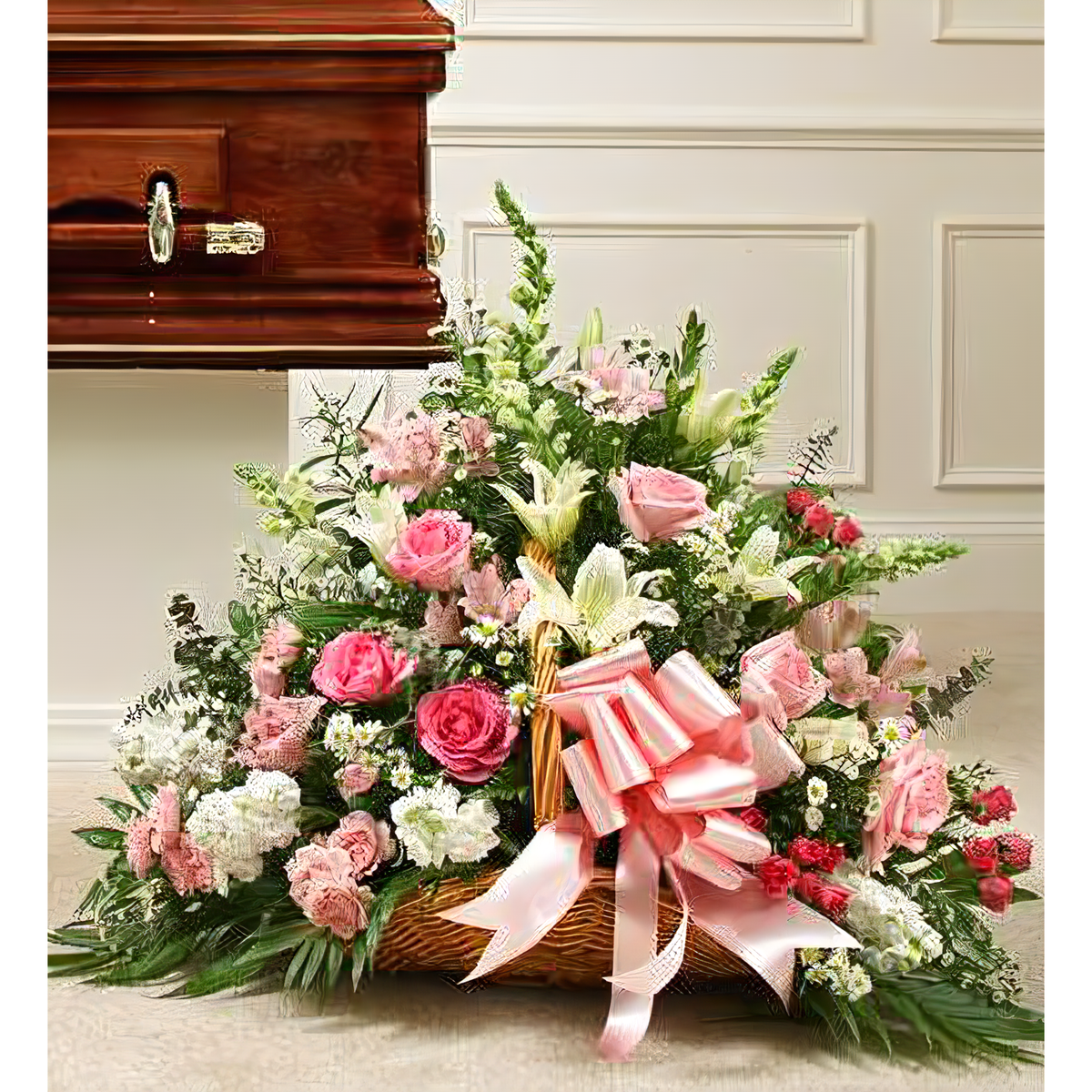 Sincerest Sympathies Fireside Basket-Pink &amp;amp; White - Funeral &gt; For the Service