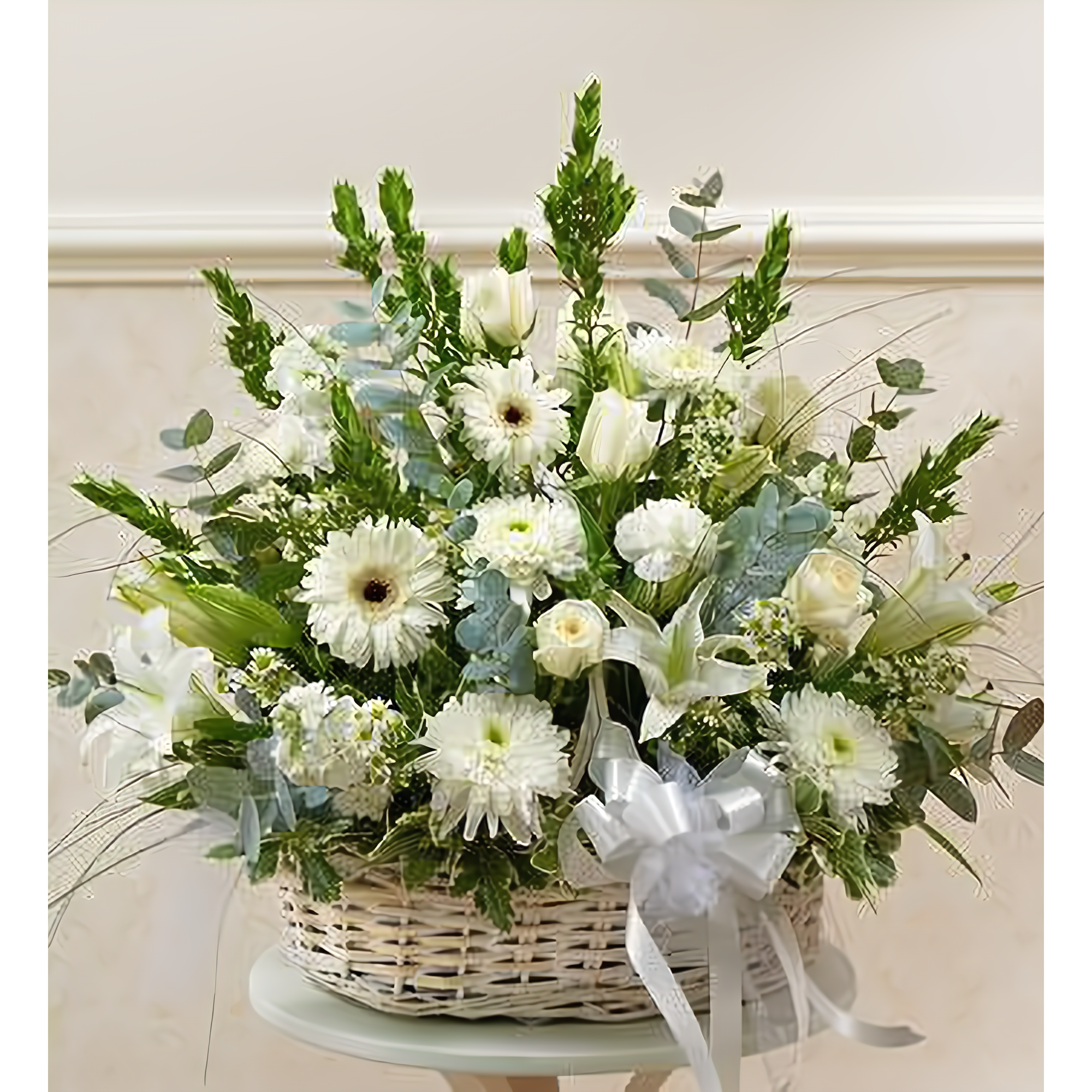 White Sympathy Arrangement in Basket - Funeral > For the Service