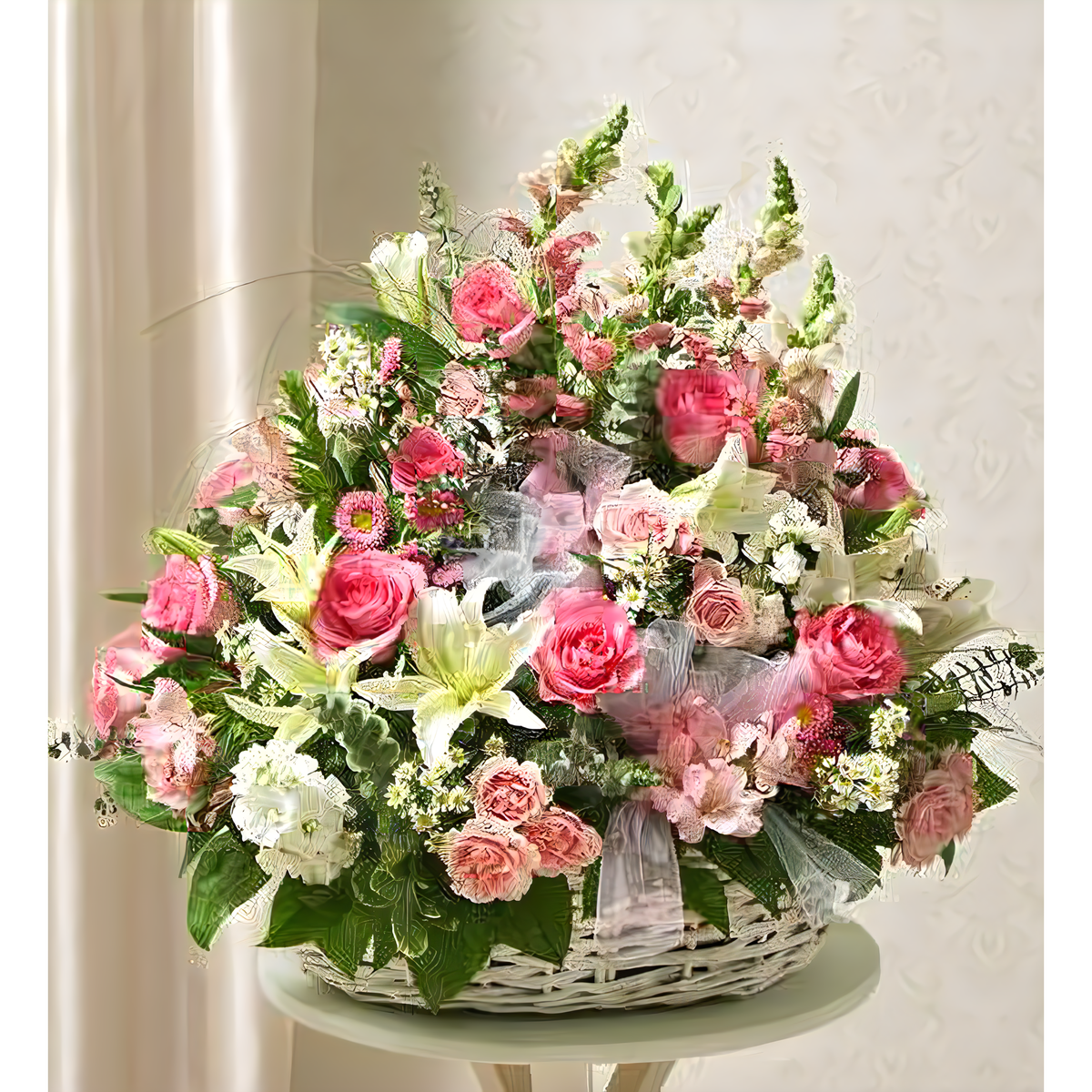 Pink and White Sympathy Arrangement in Basket - Funeral &gt; For the Service