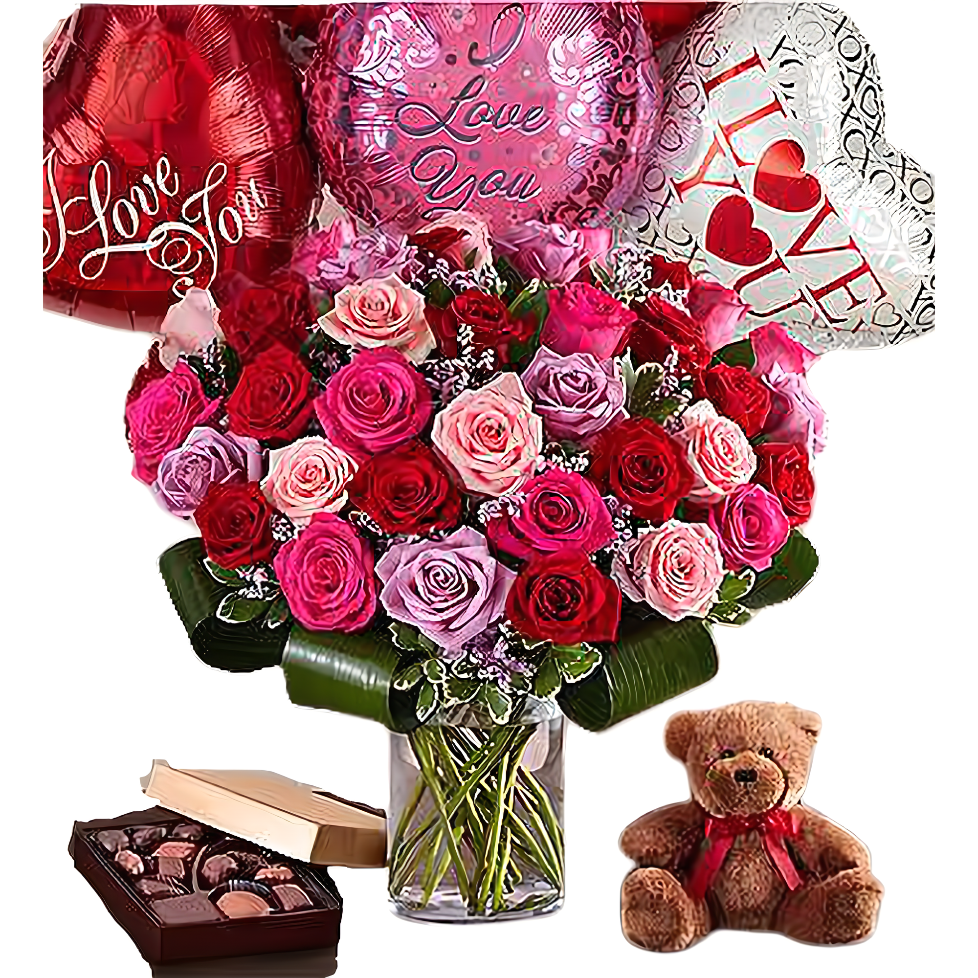 Premium Assorted Rose Bouquet w/ 6 Balloons, Teddy, & Chocolates - Occasions > Anniversary