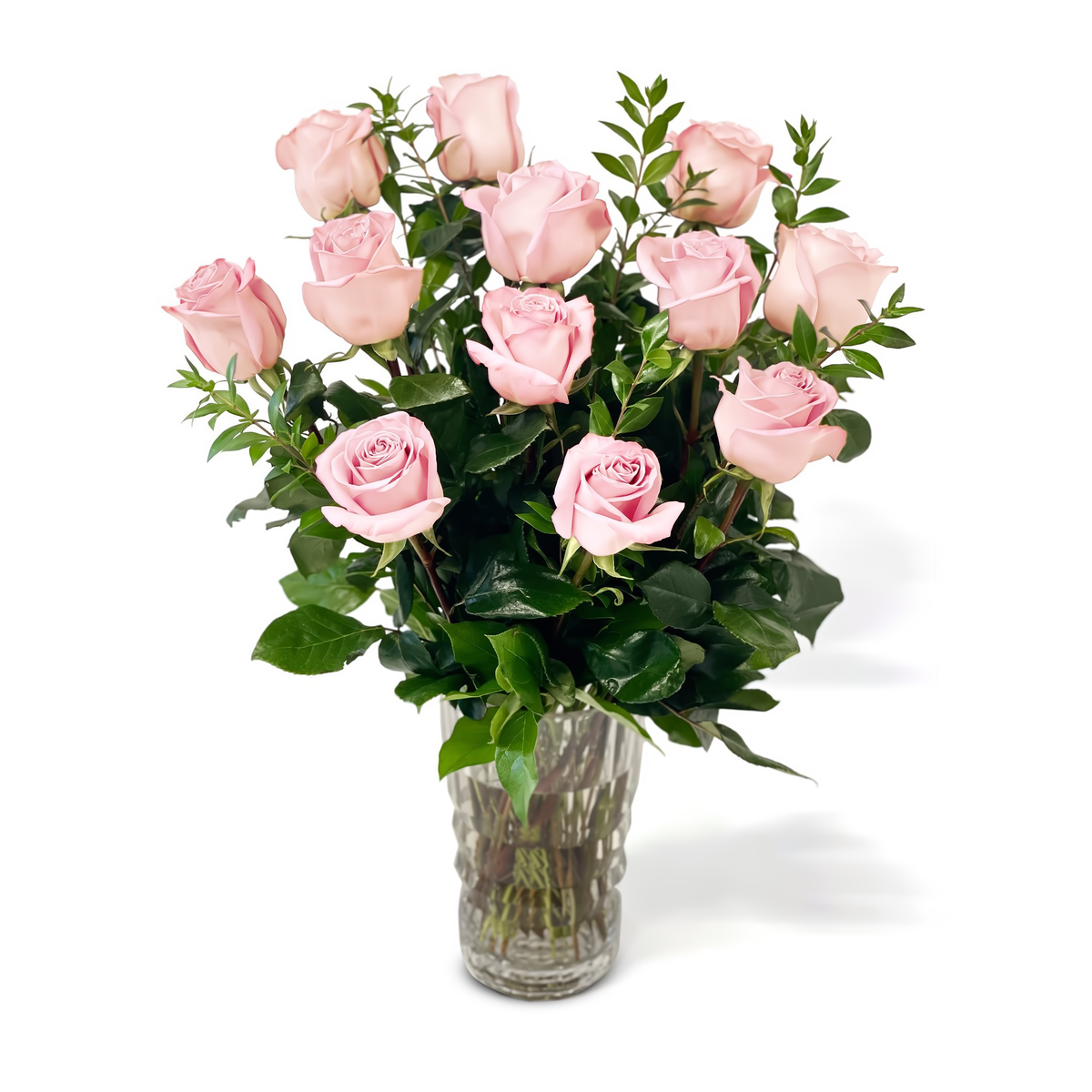 Fresh Roses in a Crystal Vase | Dozen Light Pink - Roses