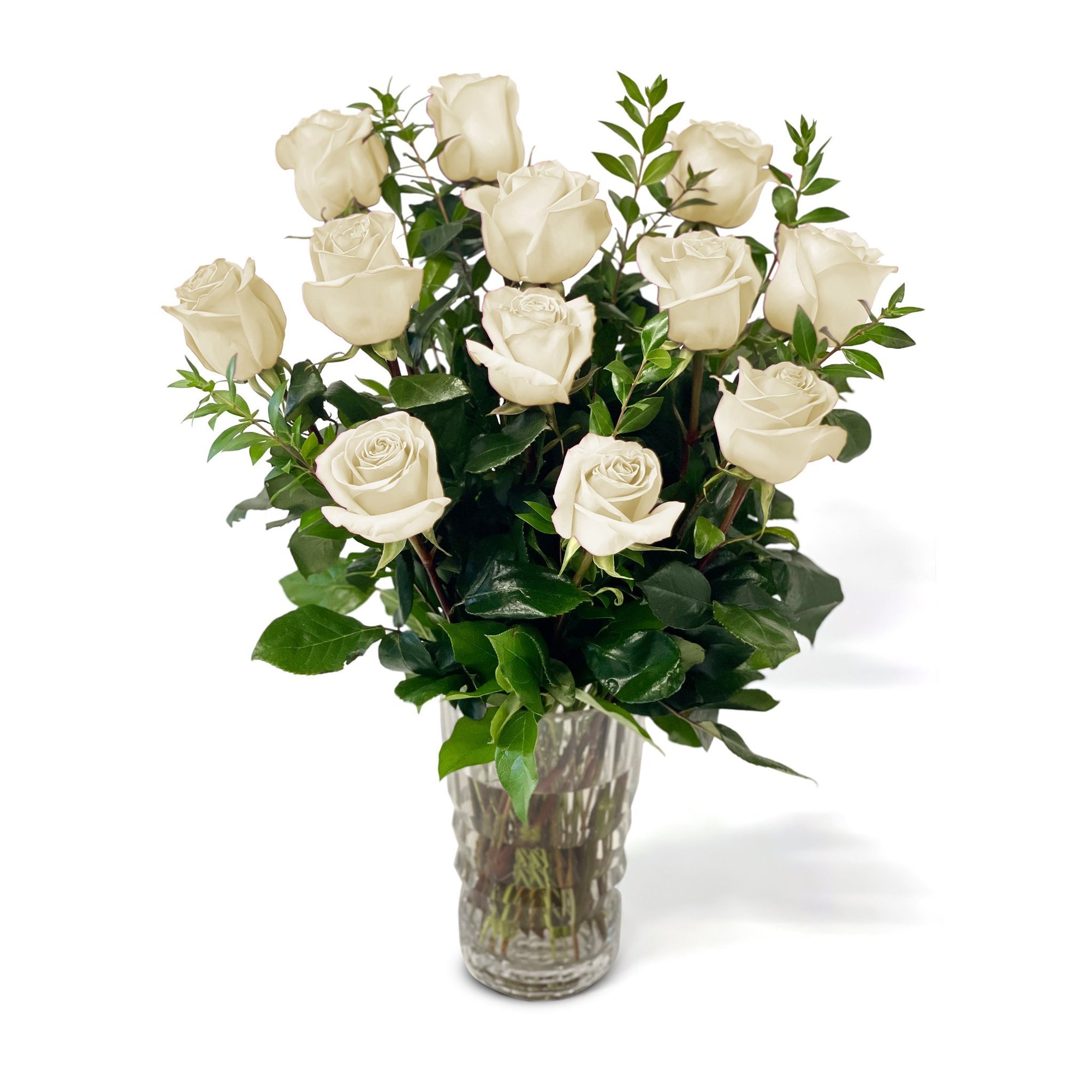 Fresh Roses in a Crystal Vase | Dozen White - Roses