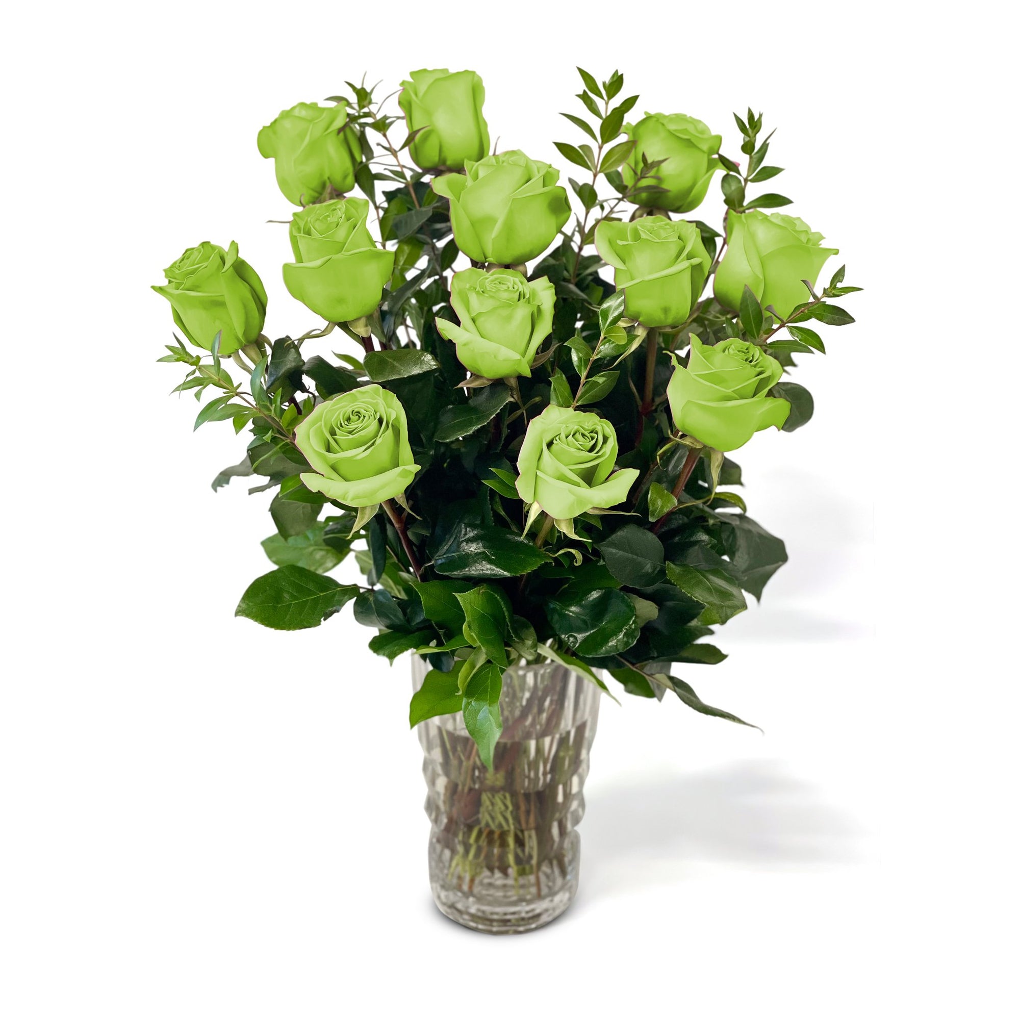 Fresh Roses in a Crystal Vase | Green - 1 Dozen - Roses