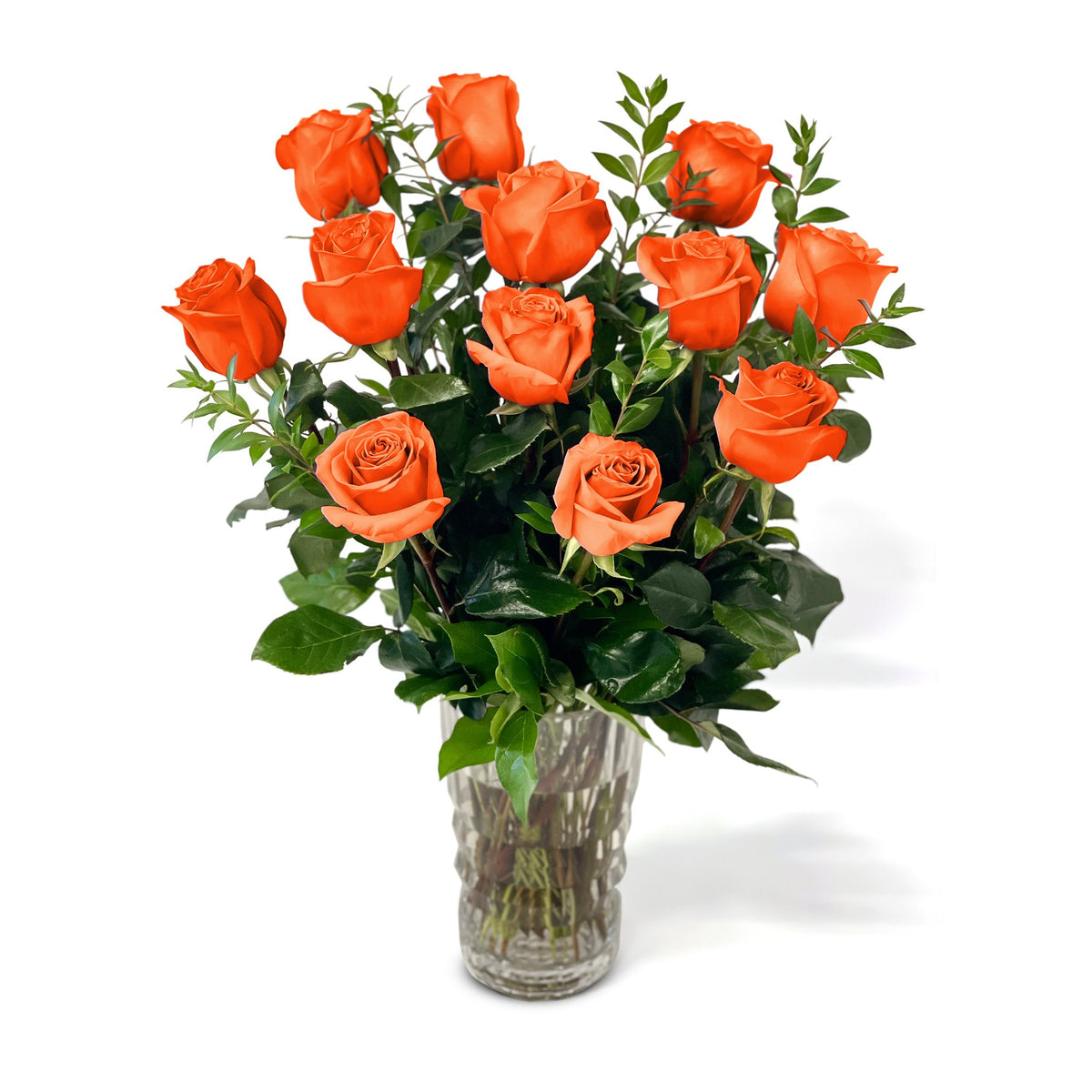 Fresh Roses in a Crystal Vase | Orange - 1 Dozen - Roses