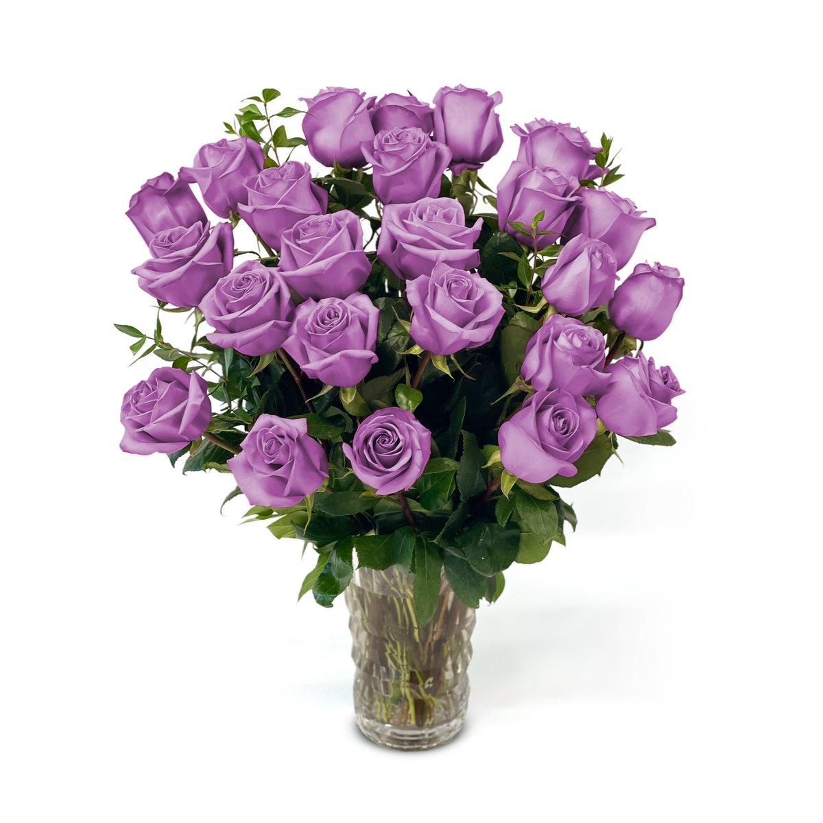 Fresh Roses in a Crystal Vase | Purple - 2 Dozen - Roses